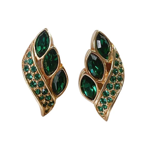 1980s Swarovski Swan Signed Gold Plate Green Crystal Gold Plated Clip Earrings - Picture 1 of 3